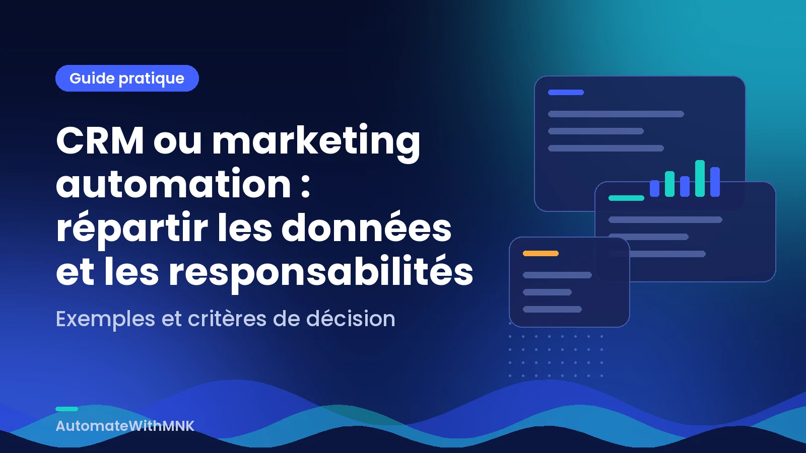 Illustration abstraite de dossiers reliés et d’un parcours de décision : CRM ou marketing automation : répartir les données et les responsabilités