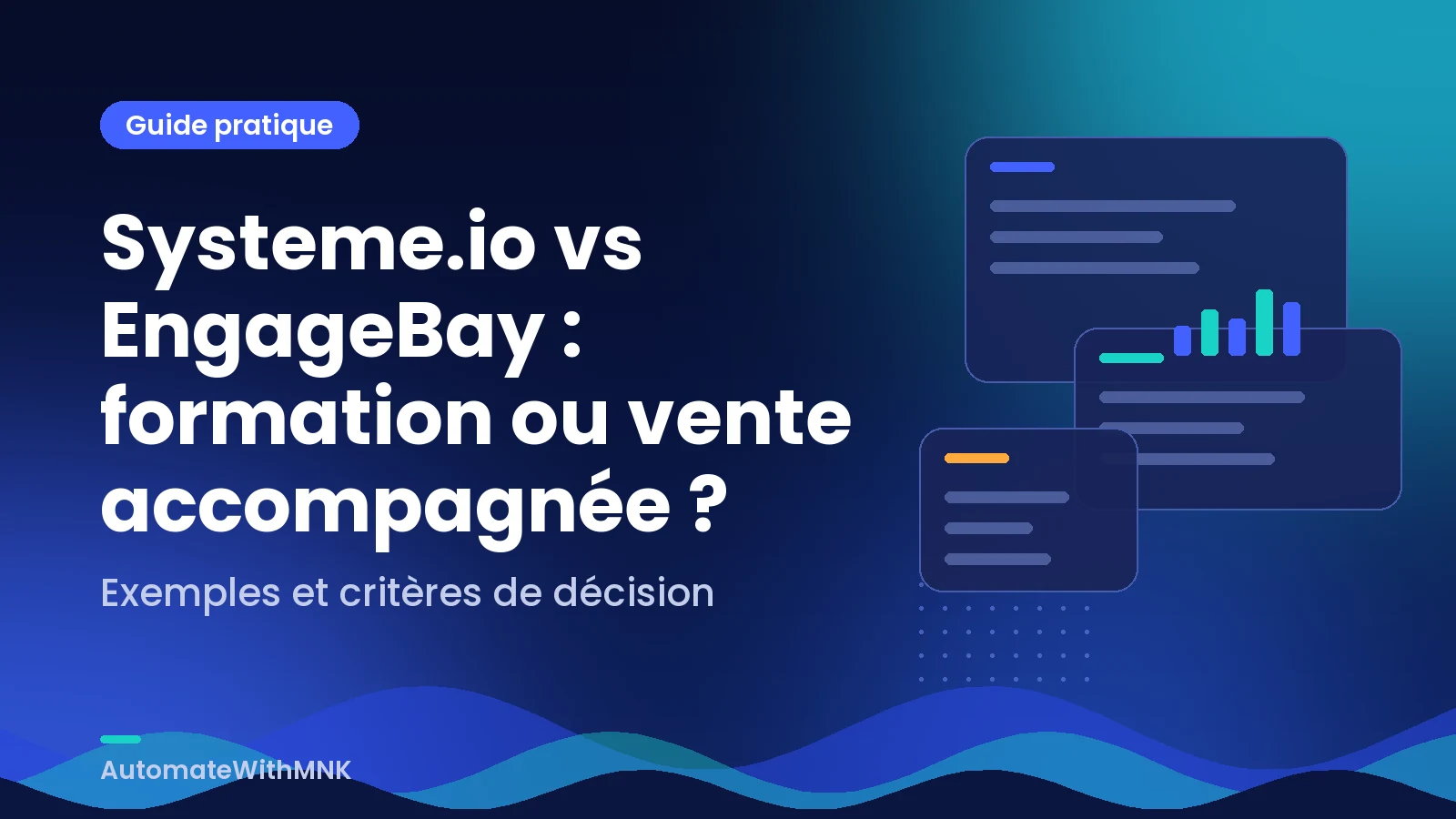 Illustration abstraite de dossiers reliés et d’un parcours de décision : Systeme.io vs EngageBay : formation ou vente accompagnée ?