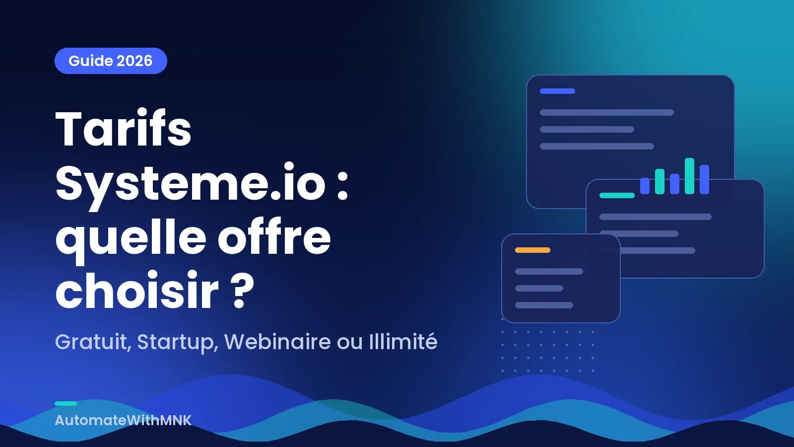 Tarifs Systeme.io : illustration du guide pour choisir entre les offres Gratuit, Startup, Webinaire et Illimité.