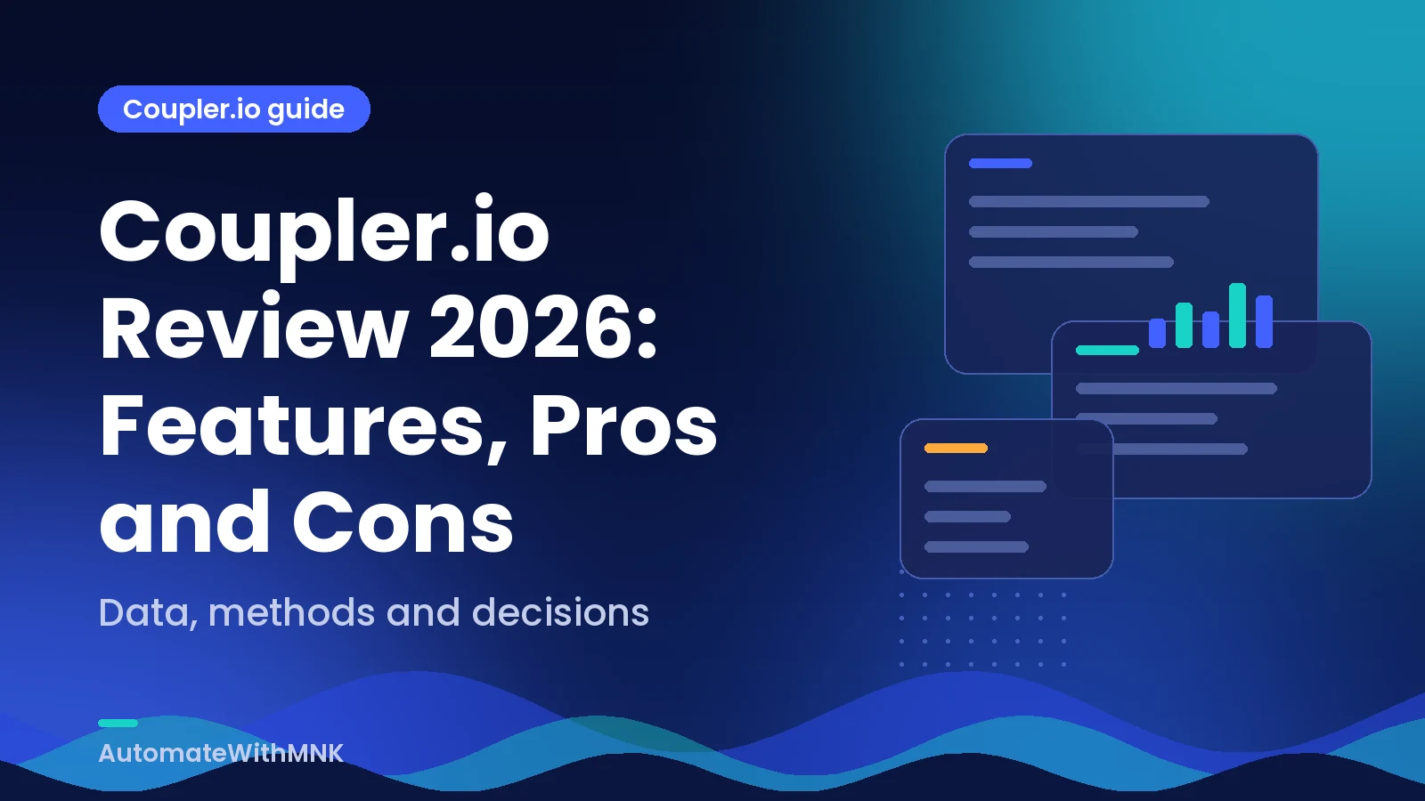 Abstract navy cover with linked data and the guide “Coupler.io Review 2026: Features, Pros and Cons”.