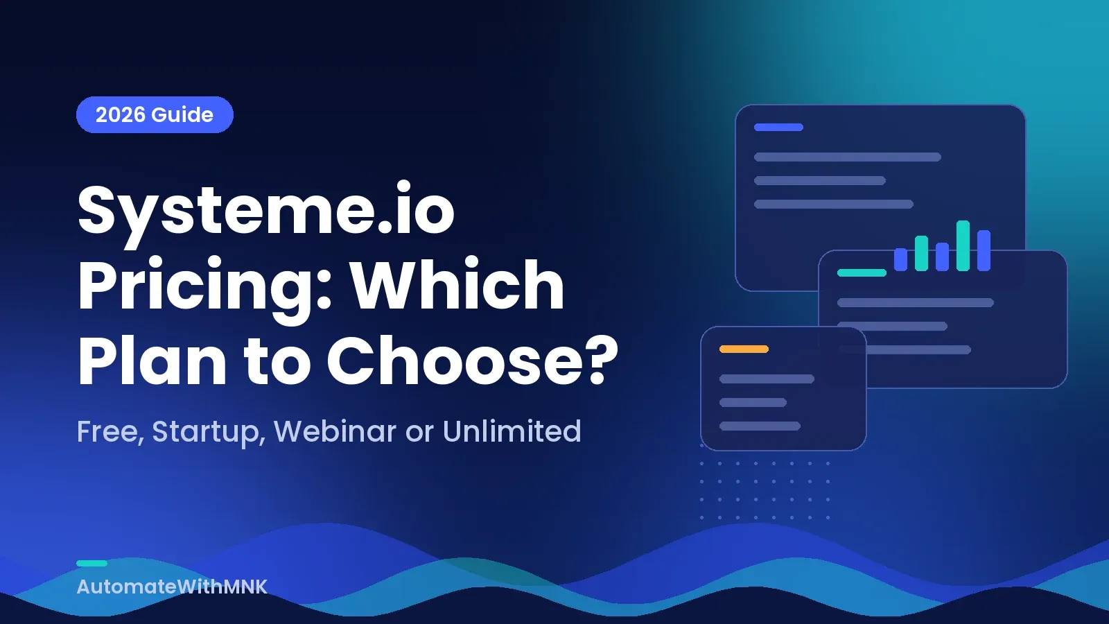 Systeme.io pricing: illustration of the guide to choosing between the Free, Startup, Webinar and Unlimited plans.