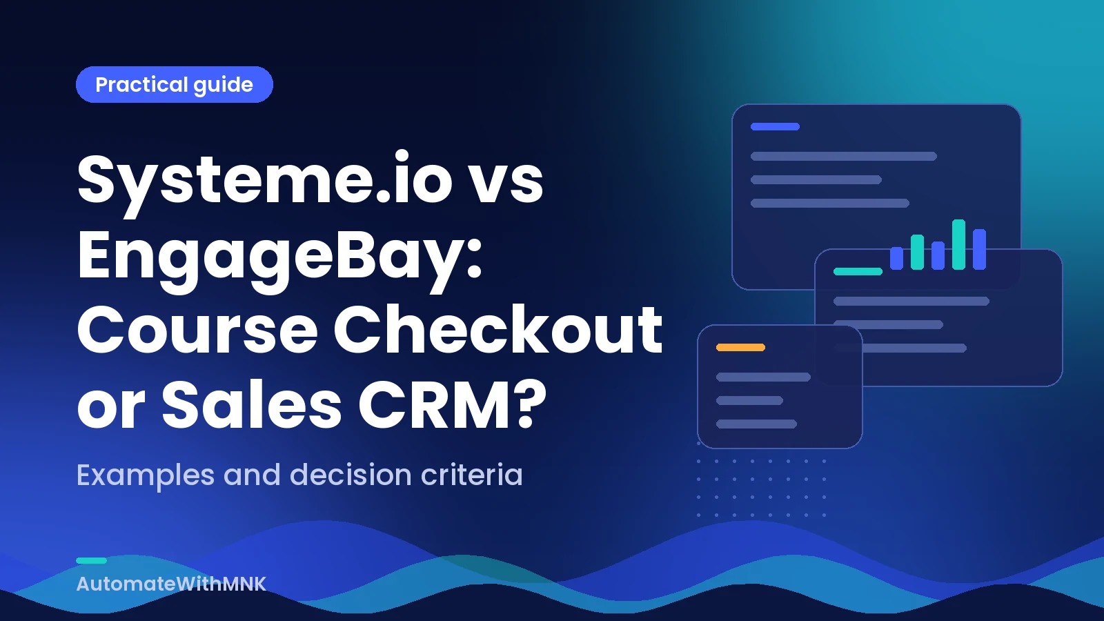 Abstract illustration of linked records and a decision journey: Systeme.io vs EngageBay: Course Checkout or Sales CRM?