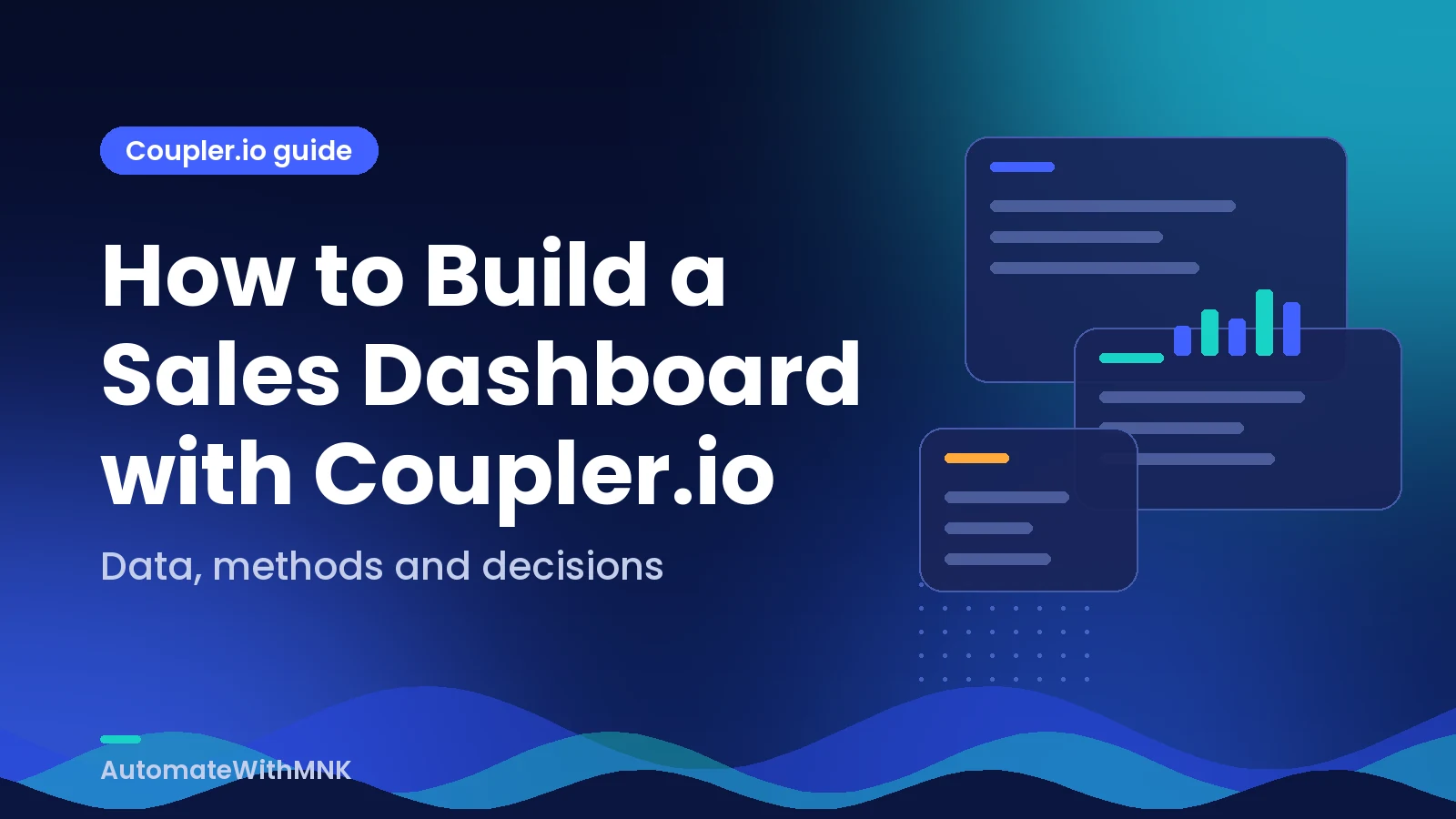 Abstract navy cover with linked data and the guide “How to Build a Sales Dashboard with Coupler.io”.