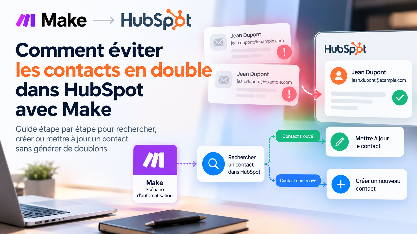 Workflow Make pour éviter les contacts en double dans HubSpot grâce au rapprochement des identités et à la déduplication des événements