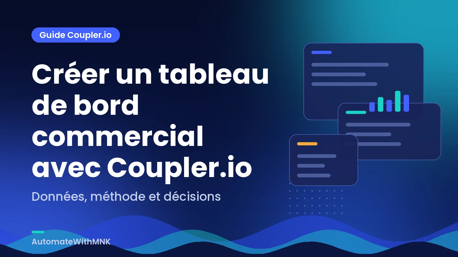 Couverture abstraite bleu nuit : données reliées et guide « Créer un tableau de bord commercial avec Coupler.io ».